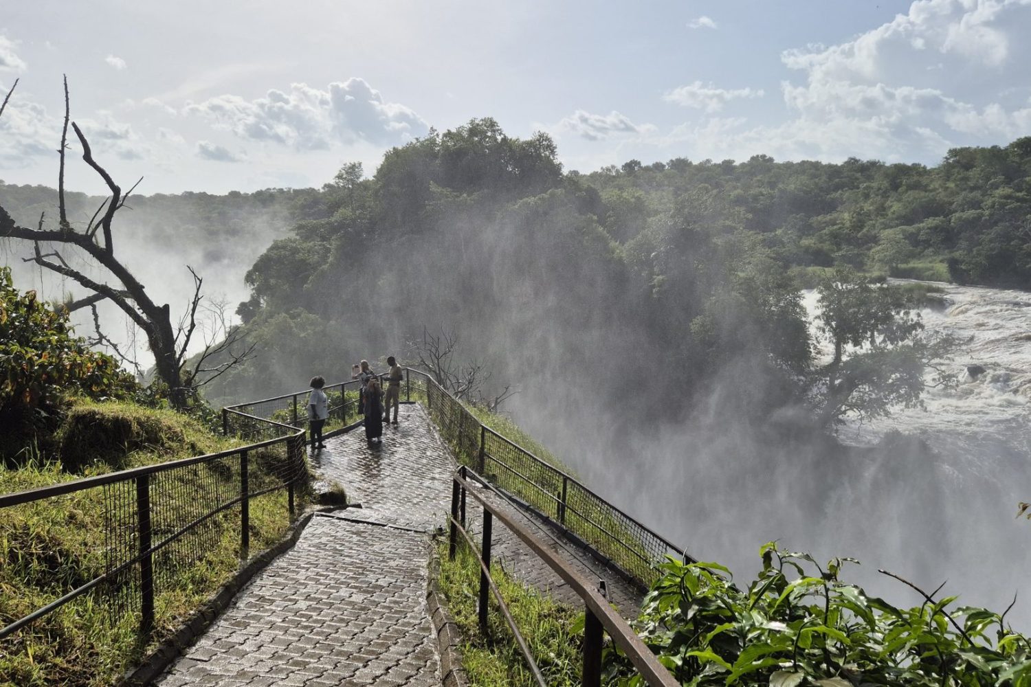 Visitors standing on a paved lookout trail surrounded by mist near the dramatic, rushing waters at the top of Murchison Falls.
