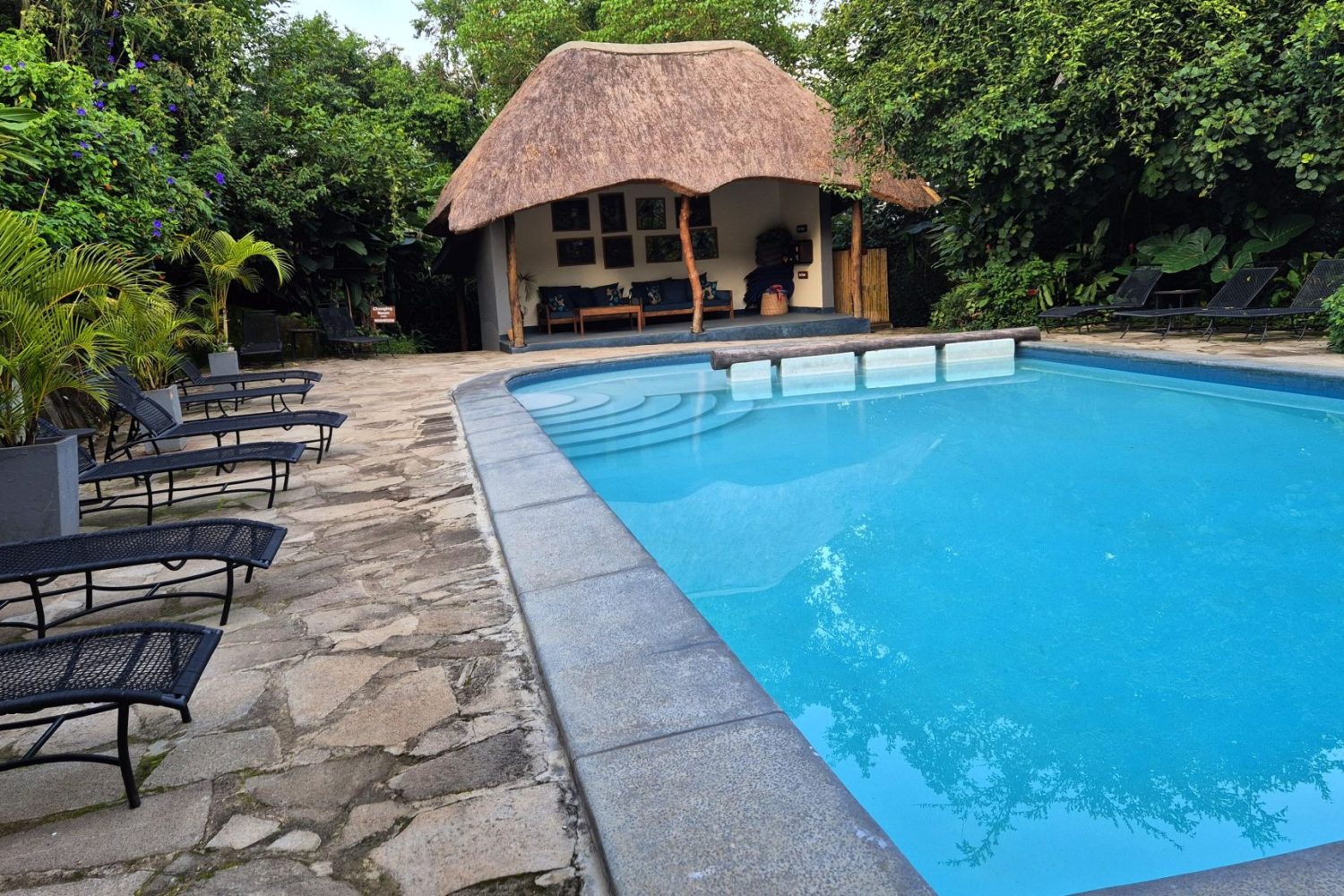 A large blue swimming pool lined with stone paving, black lounge chairs, and a covered thatched poolside lounge pavilion.